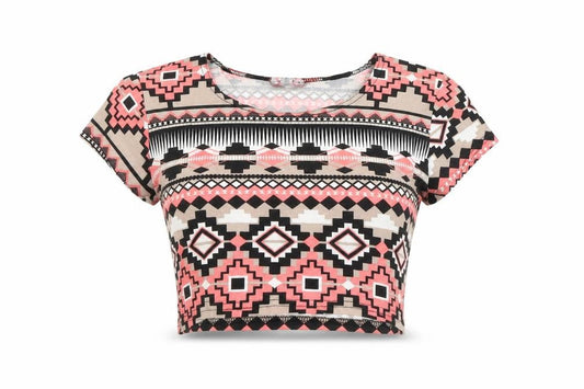 Ribbon Womens Multicoloured Geometric Viscose Cropped T-Shirt Size 10 Round Neck