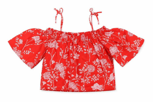 H&M Womens Red Floral 100% Cotton Cropped Blouse Size 10 Off the Shoulder