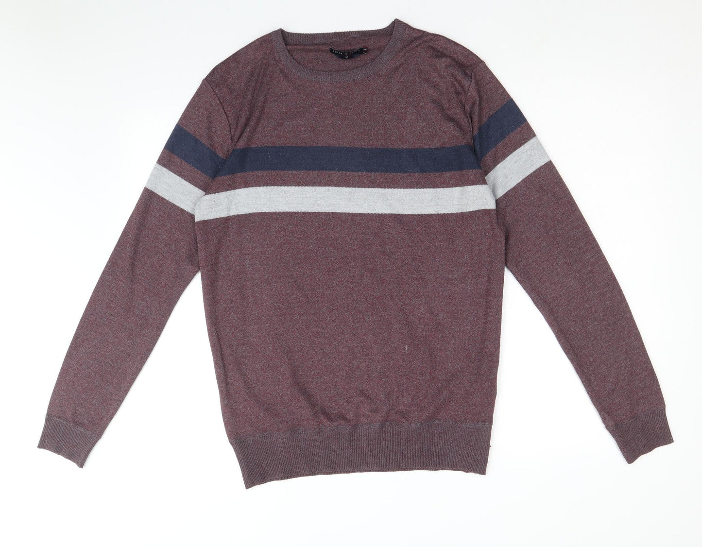 Smith & Jones Mens Red Square Neck Striped Polyester Pullover Jumper Size M Long Sleeve