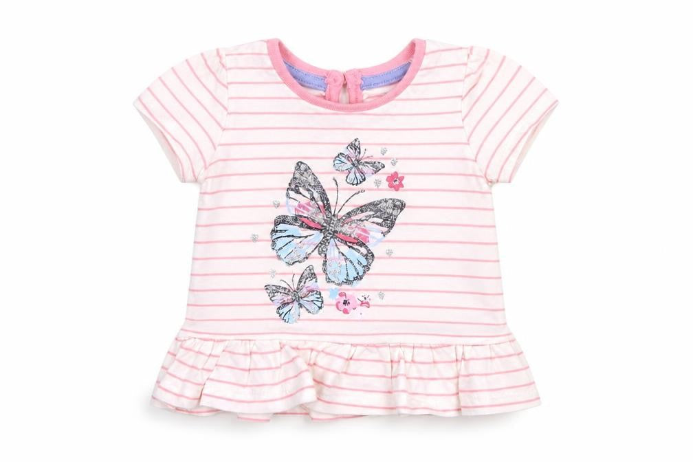 Primark Girls Pink Striped 100% Cotton A-Line Size 3-6 Months Round Neck Button - Butterfly