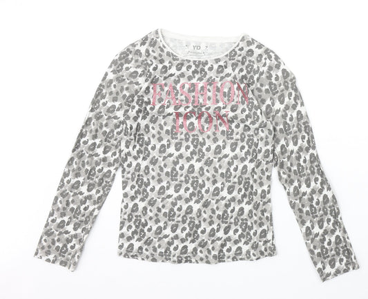 Young Dimension Girls Beige Animal Print Cotton Basic Casual Size 9-10 Years Round Neck Pullover - Leopard Pattern Fashion Icon