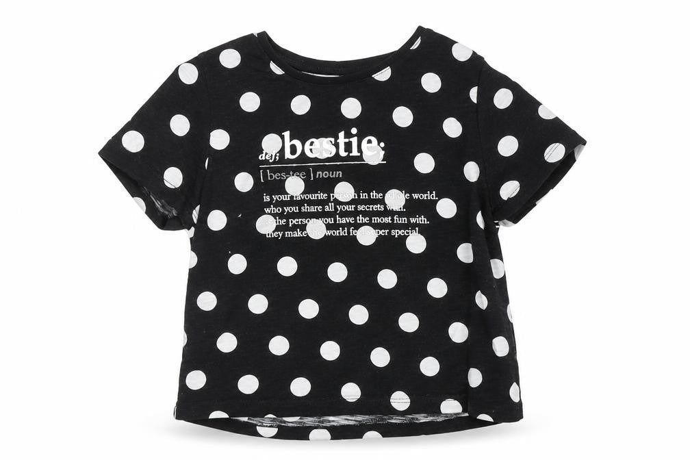F&F Girls Black Polka Dot 100% Cotton Basic T-Shirt Size 6-7 Years Round Neck Pullover - Bestie Slogan