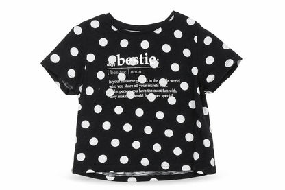 F&F Girls Black Polka Dot 100% Cotton Basic T-Shirt Size 6-7 Years Round Neck Pullover - Bestie Slogan