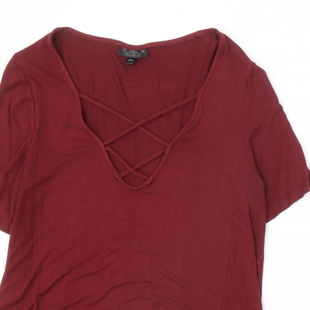 Topshop Womens Red Viscose Basic T-Shirt Size 8 V-Neck