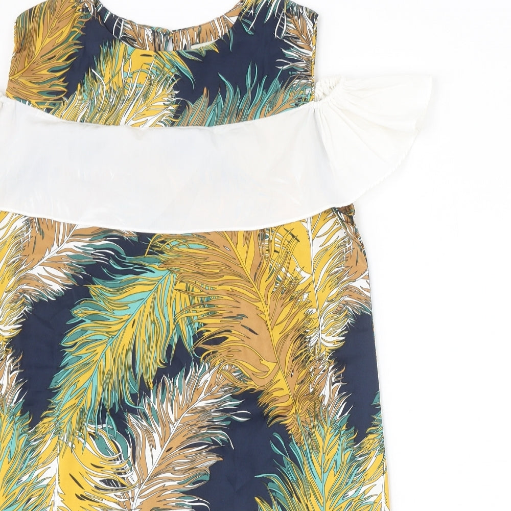 Buti Womens Multicoloured Geometric Polyester Shift Size L Scoop Neck Button - Feather Cold Shoulder