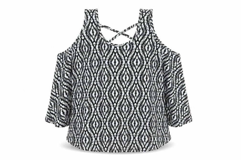 Young Dimension Girls Beige Geometric Polyester Basic Blouse Size 8-9 Years Scoop Neck Pullover - Cold Shoulder