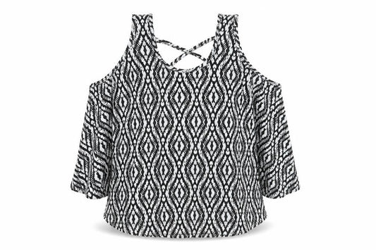 Young Dimension Girls Beige Geometric Polyester Basic Blouse Size 8-9 Years Scoop Neck Pullover - Cold Shoulder