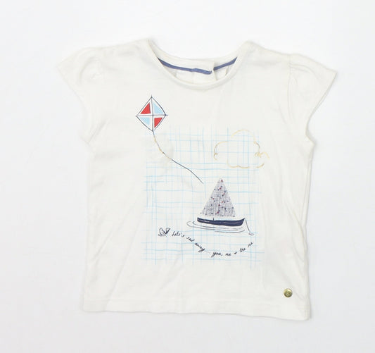 Marks and Spencer Girls Ivory 100% Cotton Pullover T-Shirt Size 3-6 Months Round Neck Button - Boat