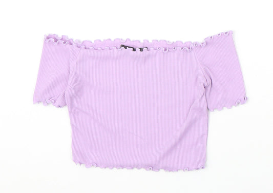 PRETTYLITTLETHING Womens Purple Polyester Cropped T-Shirt Size 6 Off the Shoulder - Lettuce Hem