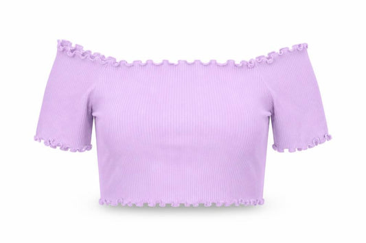 PRETTYLITTLETHING Womens Purple Polyester Cropped T-Shirt Size 6 Off the Shoulder - Lettuce Hem