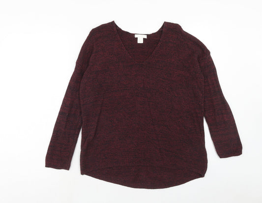 H&M Womens Red V-Neck Cotton Pullover Jumper Size S