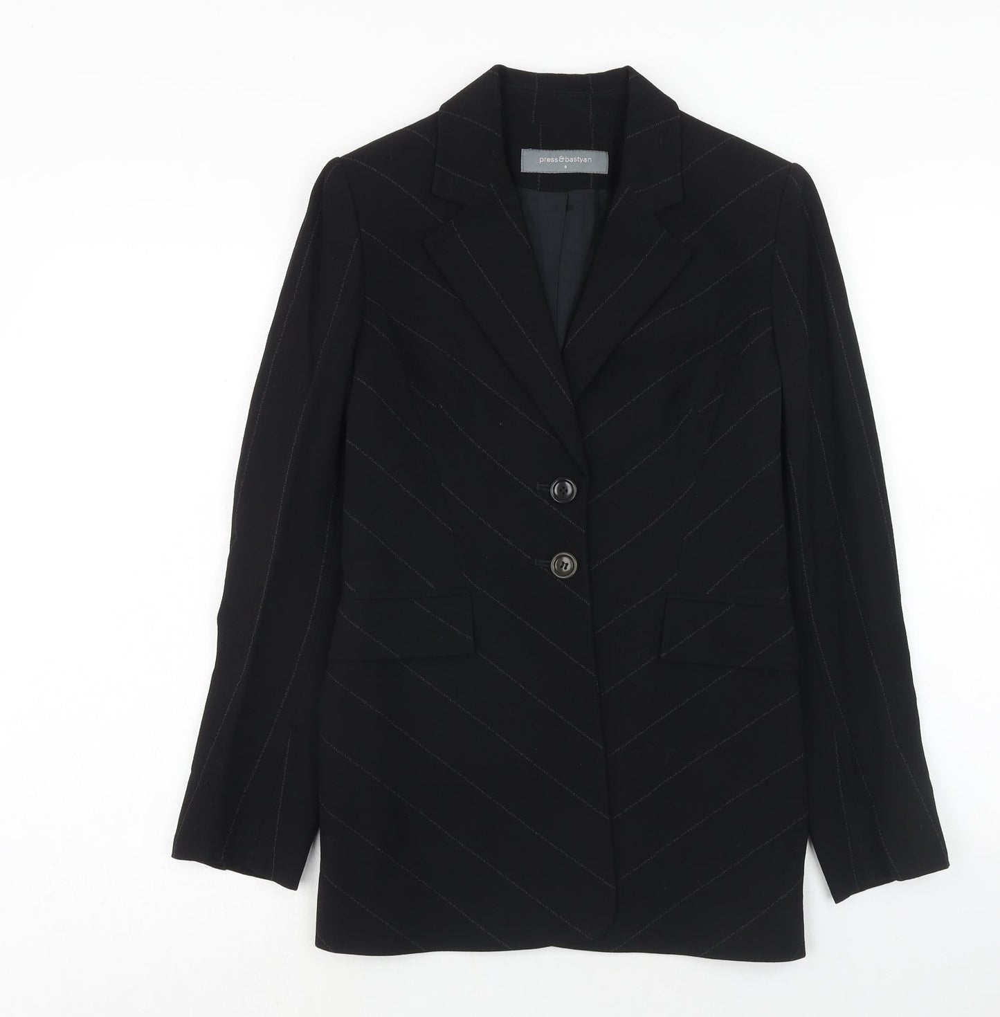 Press&Bastyan Womens Black Striped Wool Jacket Blazer Size 8