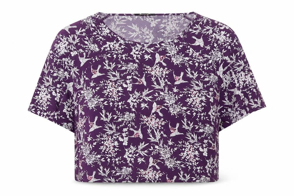 New Look Womens Purple Floral Viscose Cropped T-Shirt Size 12 Boat Neck - Bird Print
