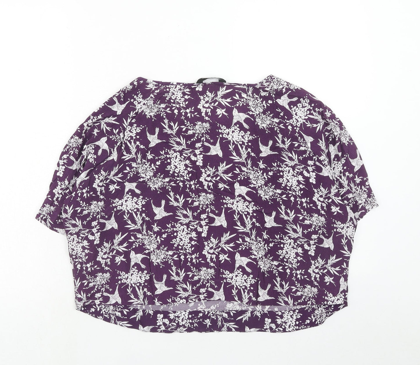 New Look Womens Purple Floral Viscose Cropped T-Shirt Size 12 Boat Neck - Bird Print