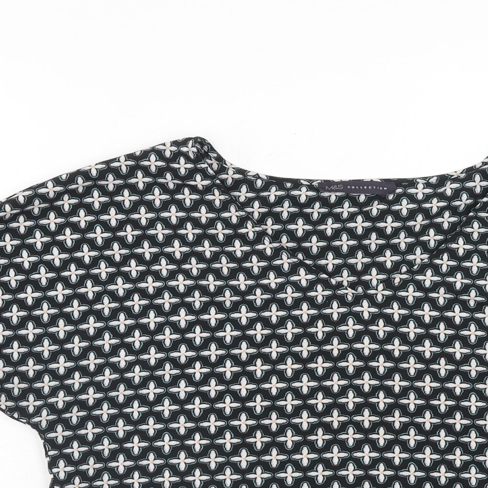 Marks and Spencer Womens Black Geometric Polyester Basic Blouse Size 10 V-Neck