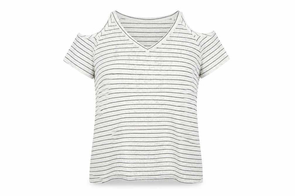 Papaya Womens White Striped Polyester Basic T-Shirt Size 12 V-Neck - Cold Shoulder