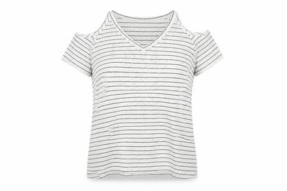 Papaya Womens White Striped Polyester Basic T-Shirt Size 12 V-Neck - Cold Shoulder