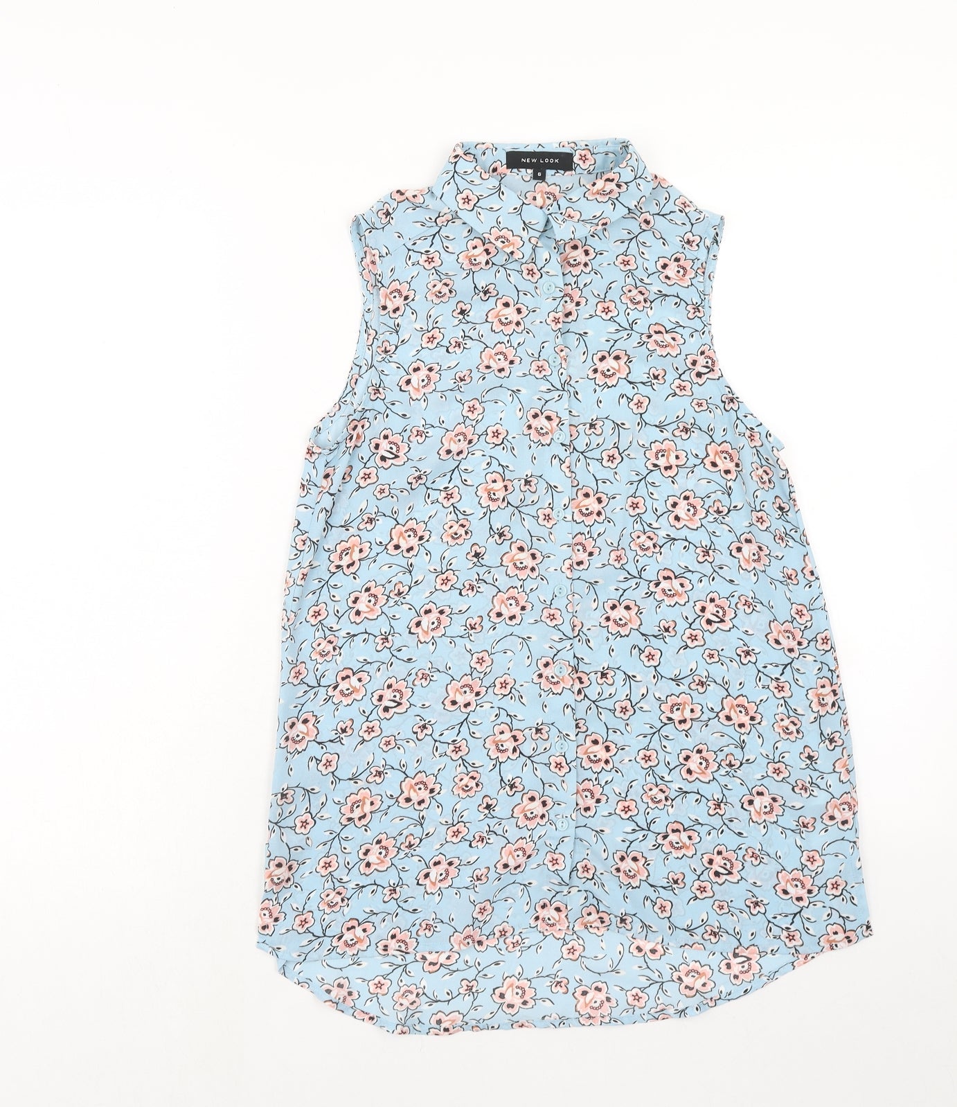 New Look Womens Blue Floral Polyester Basic Button-Up Size 6 Collared