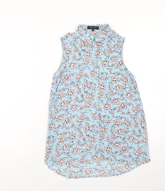 New Look Womens Blue Floral Polyester Basic Button-Up Size 6 Collared