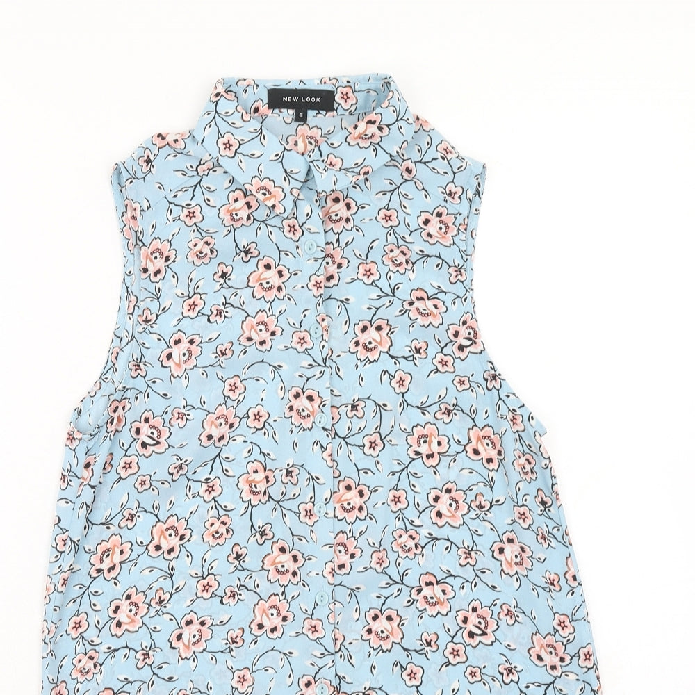 New Look Womens Blue Floral Polyester Basic Button-Up Size 6 Collared