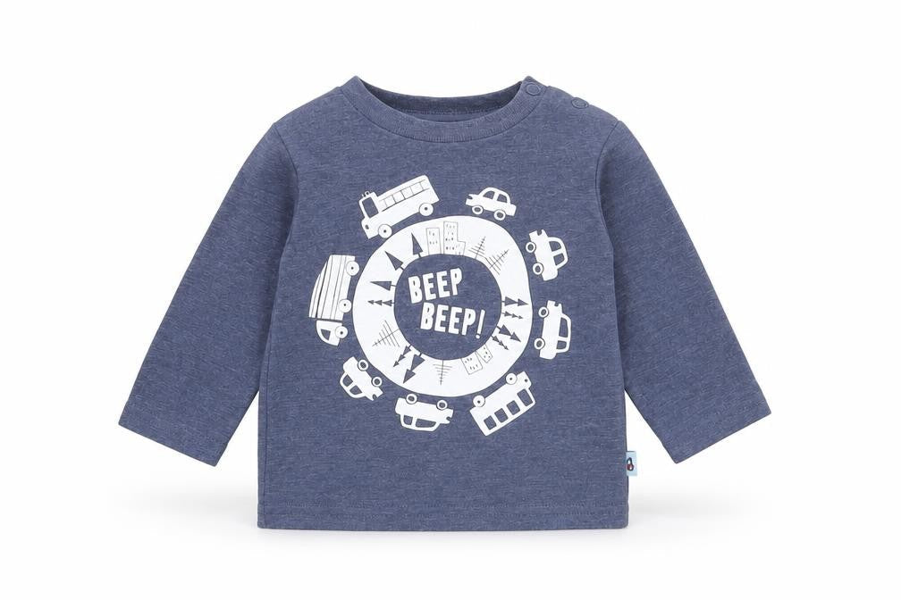 F&F Boys Blue Cotton Pullover T-Shirt Size 0-3 Months Round Neck Button - Cars