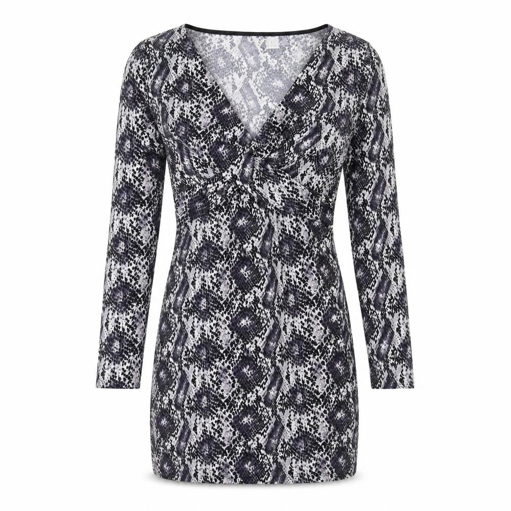 H&M Womens Purple Animal Print Polyester Bodycon Size 10 V-Neck Pullover - Snake Skin Print Knot Front