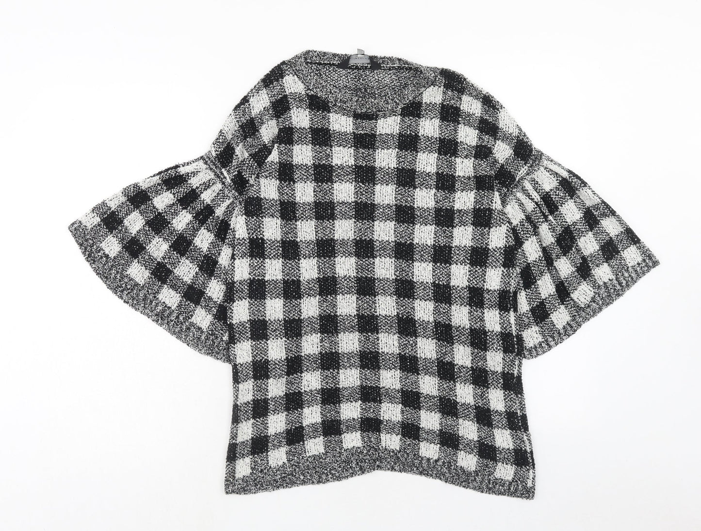 F&F Womens Black Round Neck Check Cotton Pullover Jumper Size 6