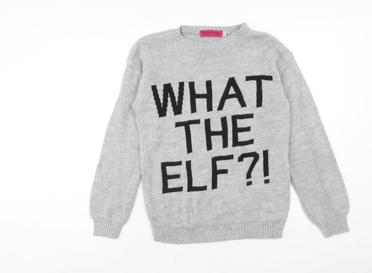 Boohoo Womens Grey Round Neck Acrylic Pullover Jumper Size S - What the Elf Size S-M
