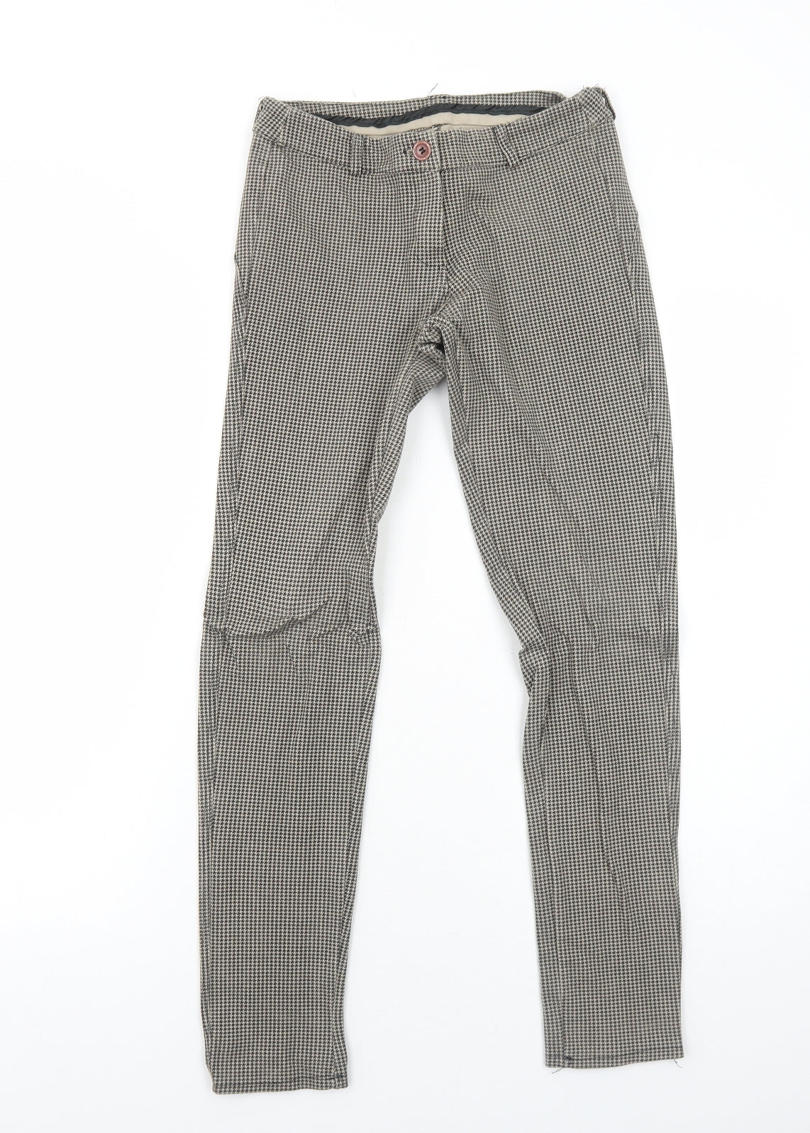 Preworn Womens Brown Geometric Viscose Trousers Size 8 Regular Zip - Houndstooth Pattern