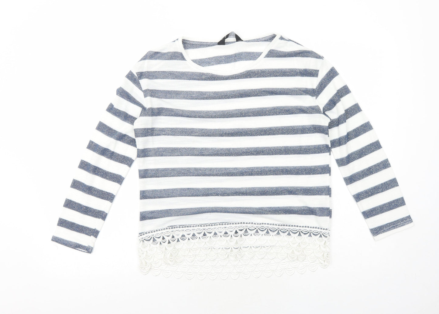 Dorothy Perkins Womens White Striped Viscose Basic T-Shirt Size 12 Boat Neck - Crocheted Lace Detail