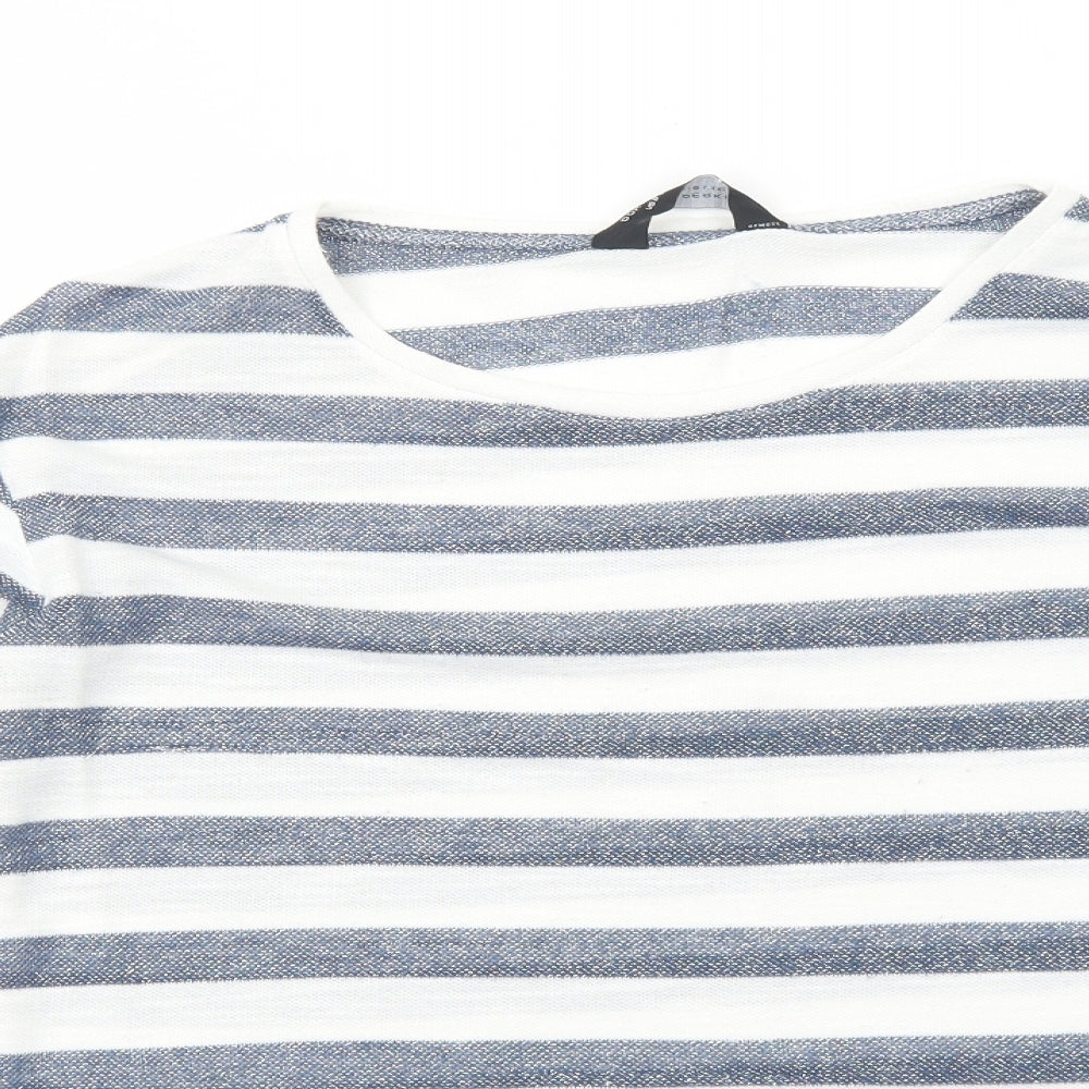 Dorothy Perkins Womens White Striped Viscose Basic T-Shirt Size 12 Boat Neck - Crocheted Lace Detail