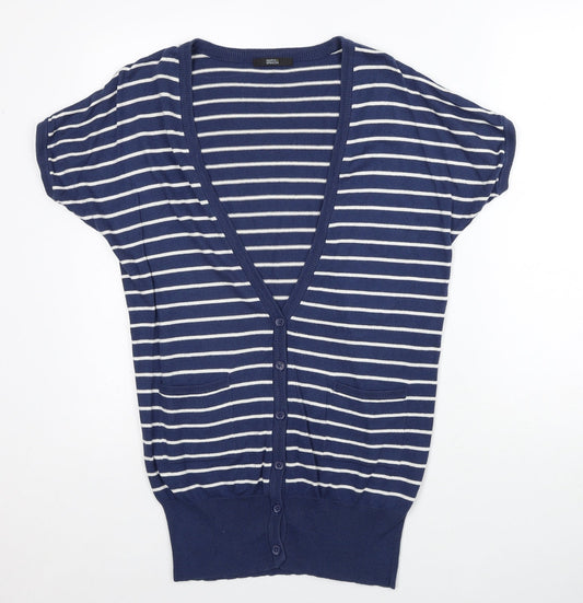 Marks and Spencer Womens Blue V-Neck Striped Acrylic Cardigan Jumper Size 10