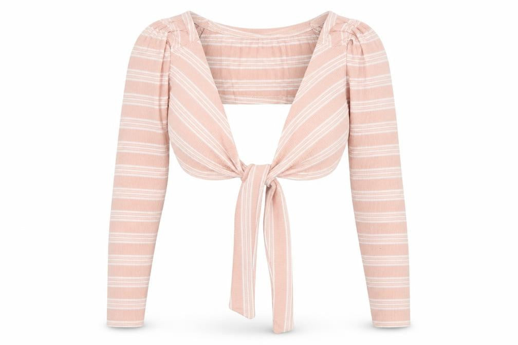 PRETTYLITTLETHING Womens Pink V-Neck Striped Polyester Pullover Jumper Size 6 - Tie Front