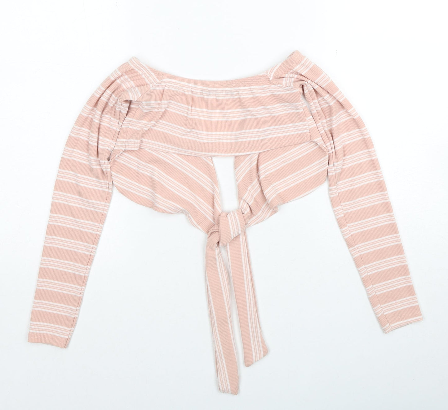 PRETTYLITTLETHING Womens Pink V-Neck Striped Polyester Pullover Jumper Size 6 - Tie Front