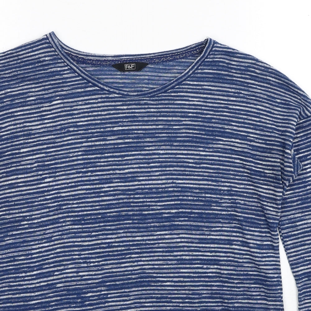 F&F Womens Blue Scoop Neck Striped Polyester Pullover Jumper Size 8