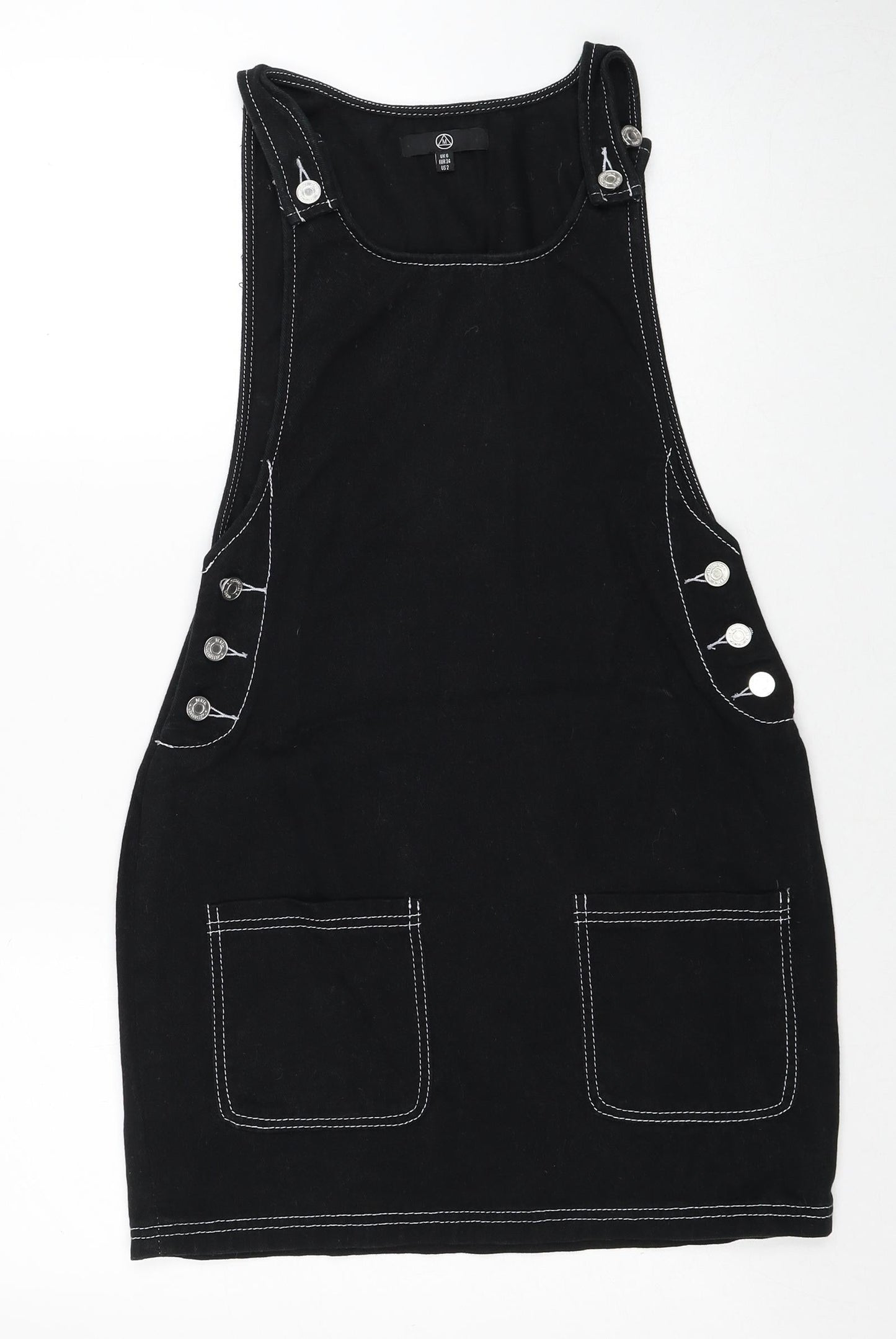 Missguided Womens Black Cotton Pinafore/Dungaree Dress Size 6 Scoop Neck Button - Contrast Stitching