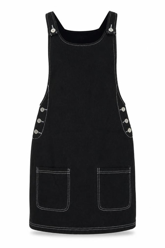 Missguided Womens Black Cotton Pinafore/Dungaree Dress Size 6 Scoop Neck Button - Contrast Stitching