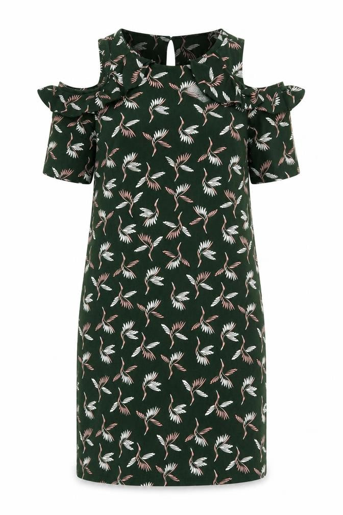 NEXT Womens Green Geometric Polyester A-Line Size 8 Scoop Neck Button - Bird Print Cold Shoulder