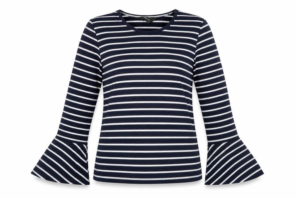 Max Womens Blue Striped Cotton Basic Blouse Size S Scoop Neck - Bell Sleeve