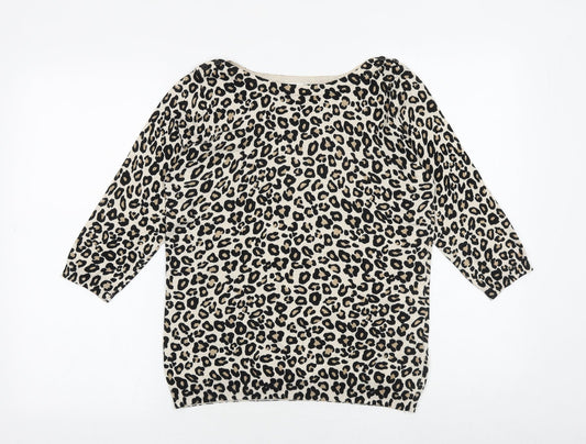 Wallis Womens Beige Round Neck Animal Print Cotton Pullover Jumper Size 6 - Leopard print