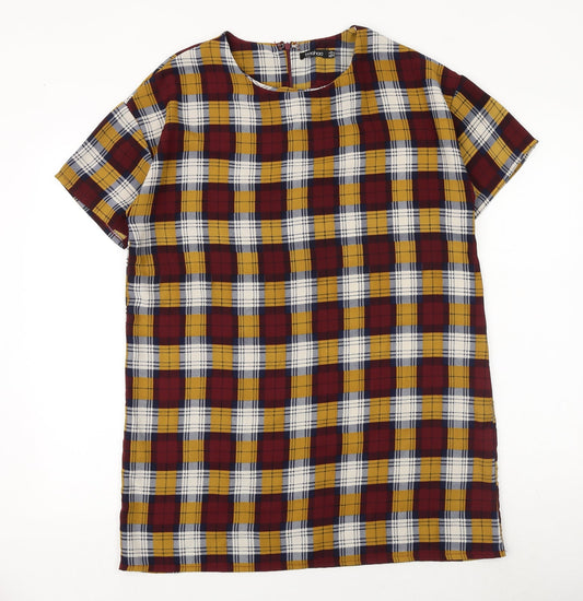Boohoo Womens Red Plaid Polyester T-Shirt Dress Size 12 Round Neck Zip
