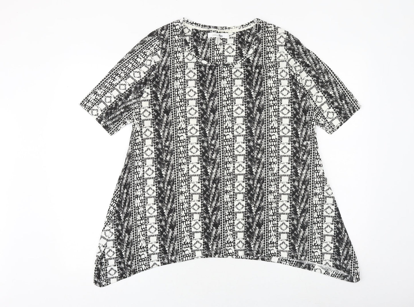 Simply Be Womens Black Geometric 100% Cotton Basic T-Shirt Size 12 Scoop Neck - Hanky Hem