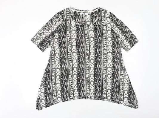 Simply Be Womens Black Geometric 100% Cotton Basic T-Shirt Size 12 Scoop Neck - Hanky Hem