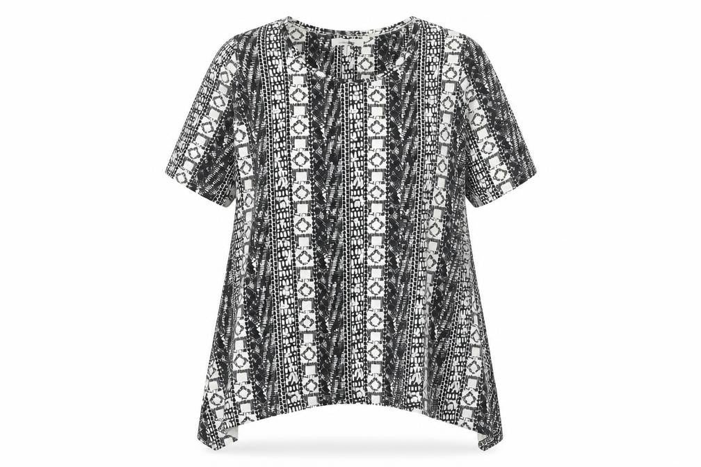 Simply Be Womens Black Geometric 100% Cotton Basic T-Shirt Size 12 Scoop Neck - Hanky Hem