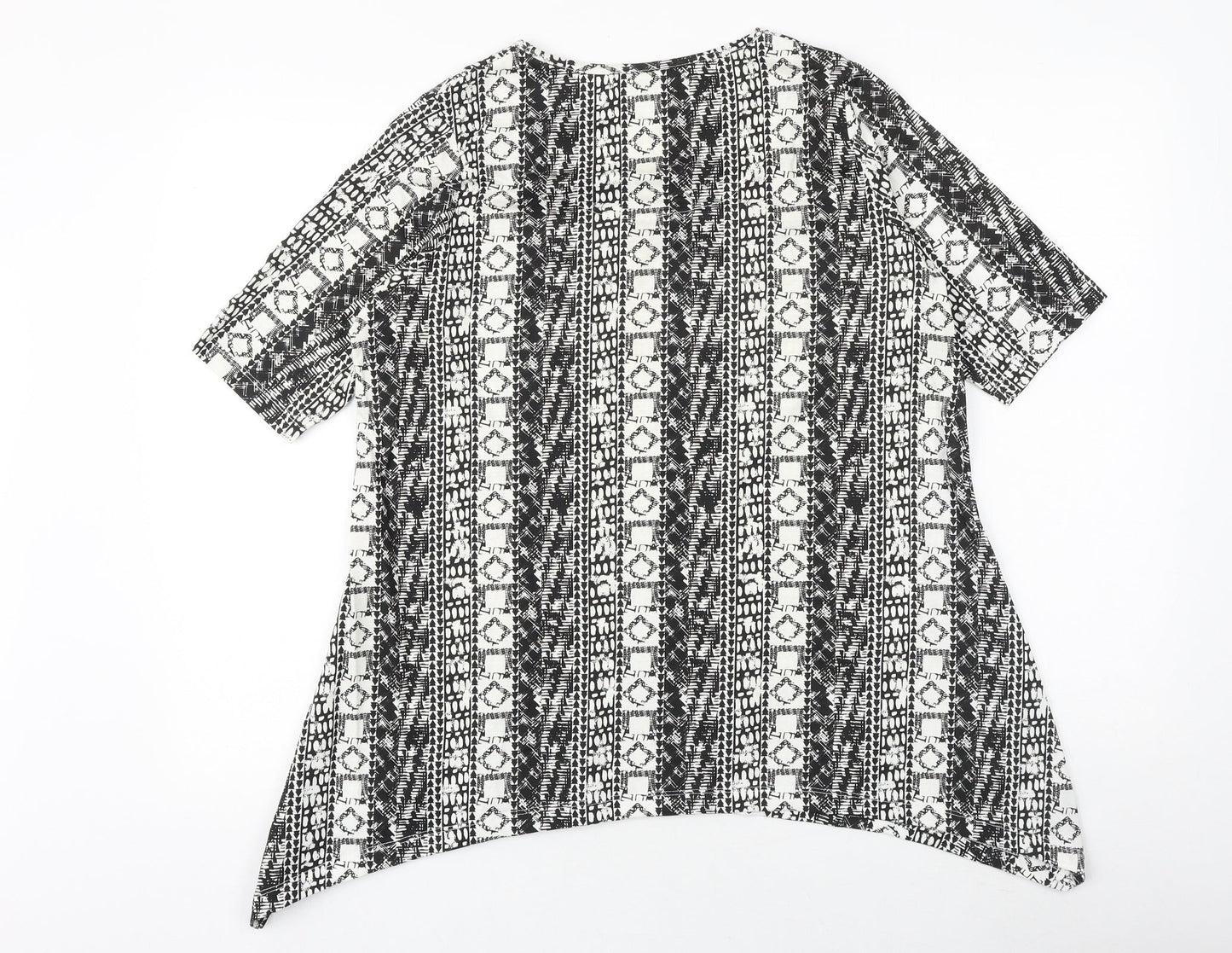 Simply Be Womens Black Geometric 100% Cotton Basic T-Shirt Size 12 Scoop Neck - Hanky Hem