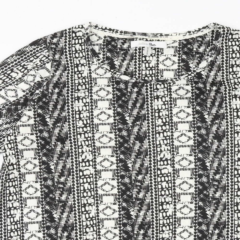 Simply Be Womens Black Geometric 100% Cotton Basic T-Shirt Size 12 Scoop Neck - Hanky Hem
