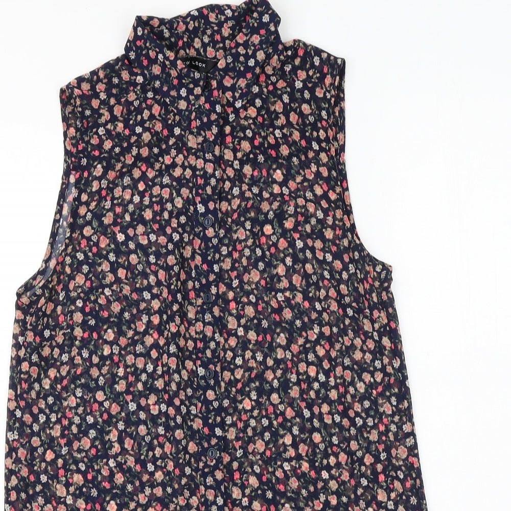 New Look Womens Blue Floral Polyester Tunic Button-Up Size 8 Collared