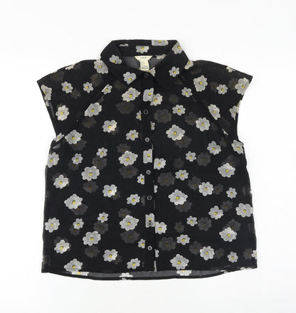 I Love HB1 Womens Black Floral Polyester Basic Button-Up Size S Collared