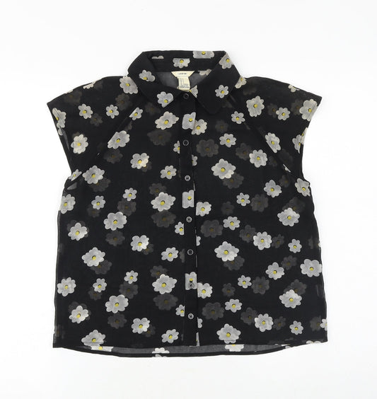 I Love HB1 Womens Black Floral Polyester Basic Button-Up Size S Collared