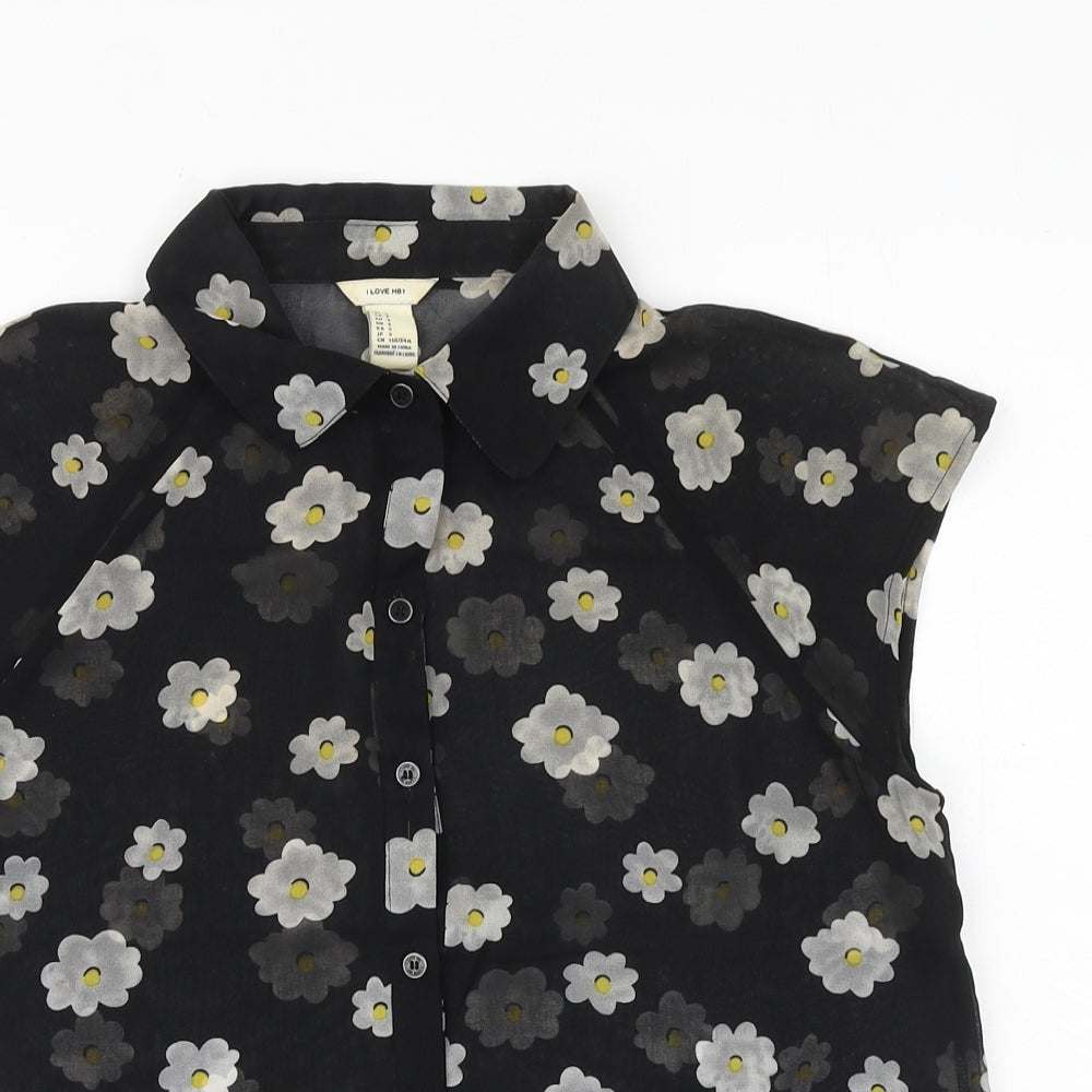 I Love HB1 Womens Black Floral Polyester Basic Button-Up Size S Collared